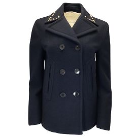 Valentino Blu Navy / Caban in lana con petto foderato con dettagli Rockstud dorati Blu