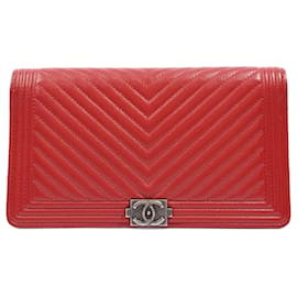 Chanel-Chanel Quilted Boy Yen Wallet Red Lambskin Leather-Red