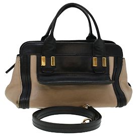 Chloé Bolsa de mão Chloe Little Alice Couro 2way Beige Black Auth bs5981 Marrom