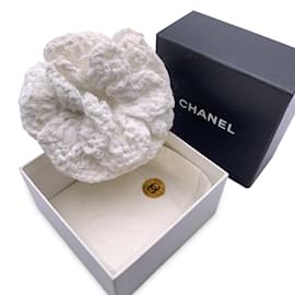 Chanel-White Crochet Camellia Camelia Flower Brooch Pin-White