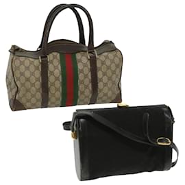 Gucci-GUCCI GG Canvas Web Sherry Line Hand Bag 2Set Beige Red Green Auth ar8498-Brown