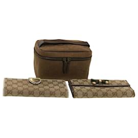 Gucci-GUCCI GG Canvas Web Sherry Line Pouch Wallet 3Set Beige Red Green Auth bs5568-Brown