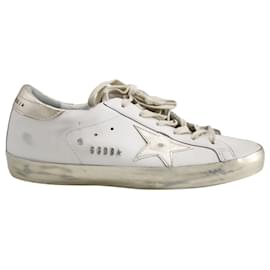 Golden Goose-Golden Goose Super-Star Gold Sparkle Sneakers in White Cowhide Leather-White