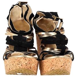 Jimmy Choo-Jimmy Choo Strappy Cage Wedge Sandals in Multicolor Suede and Leather-Multiple colors