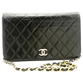 Chanel-CHANEL Bolso de hombro de cadena con solapa completa Embrague Piel de cordero acolchada negra-Negro