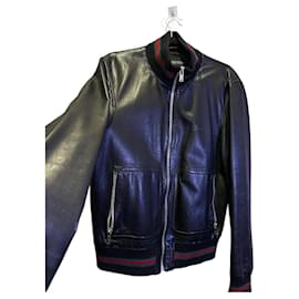 Gucci Leather Bomber Jacket Black Black