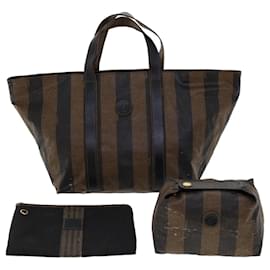 Fendi-FENDI Pecan Canvas Pouch Hand Bag 3Set Black Brown Auth yb206-Black
