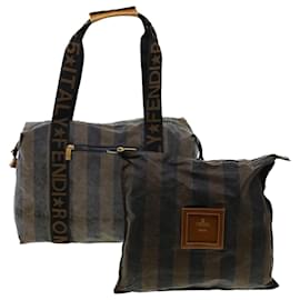 Fendi-FENDI Pecan Canvas Pouch Shoulder Bag Coated Canvas 2Set Brown Black Auth ti1034-Brown