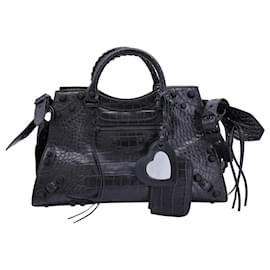 Balenciaga-Balenciaga Neo Cagole Croc-Embossed City Bag in Black Calfskin Leather-Black