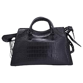 Balenciaga-Balenciaga Neo Cagole Croc-Embossed City Bag in Black Calfskin Leather-Black