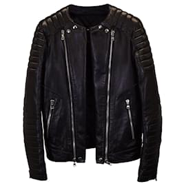 Balmain-Balmain Biker Collarless Jacket In Black Lambskin Leather -Black