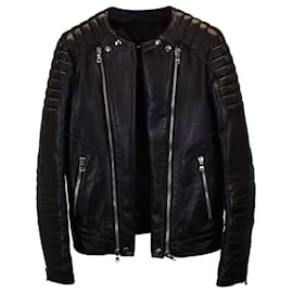 Balmain-Jaqueta Balmain Biker sem gola em couro de cordeiro preto-Preto