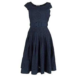 Prada-Prada Broderie Anglaise Belted Dress in Navy Blue Cotton-Blue,Navy blue