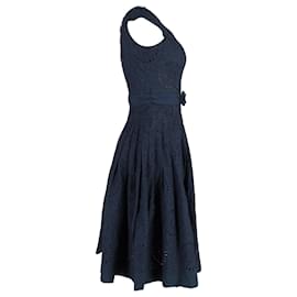 Prada-Prada Broderie Anglaise Belted Dress in Navy Blue Cotton-Blue,Navy blue