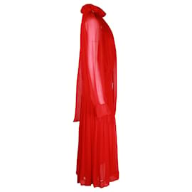 Victoria Beckham-Victoria Beckham Sheer Sleeve Midi Dress in Red Silk-Red