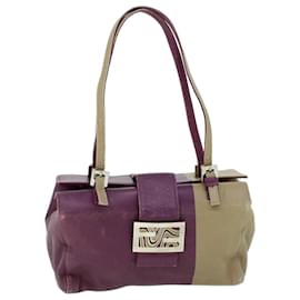 Fendi-FENDI Mamma Baguette Hand Bag Leather Beige Purple Auth 53742-Beige,Purple