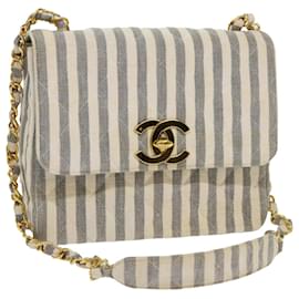 Chanel-CHANEL Big Matelasse Chain Quilted Shoulder Bag Canvas Blue White CC Auth 53014a-White,Blue