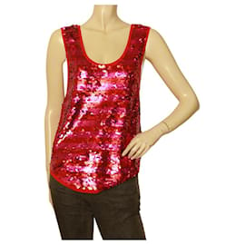 Sonia Rykiel-Sonia Rykiel top sin mangas con chaleco de lentejuelas a rayas rojas y fucsia con lentejuelas-Roja