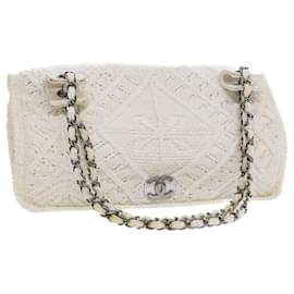 Chanel-CHANEL Bolsa de ombro com aba trançada em algodão branco CC Auth bs8243-Branco