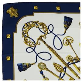 Hermès-HERMÈS CARRÉ 90 LES CLES Foulard Soie Marine Blanc Auth 53285-Blanc,Bleu Marine