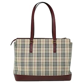 Burberry-BURBERRY Nova Check Tote Bag Toile Cuir Beige Rouge Auth 54022-Rouge,Beige