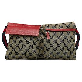 Gucci Brown GG Canvas Web Double Pocket Belt Bag Brown Beige