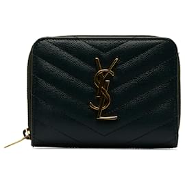 Saint Laurent-Saint Laurent Green Chevron Monogram Zip Around Compact Wallet-Green,Dark green