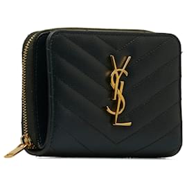 Saint Laurent-Saint Laurent Green Chevron Monogram Zip Around Compact Wallet-Green,Dark green