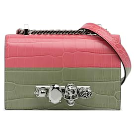Alexander Mcqueen-Alexander McQueen Pink Mini Croc-Embossed Skull Jeweled Crossbody-Pink