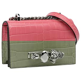 Alexander Mcqueen-Alexander McQueen Pink Mini Croc-Embossed Skull Jeweled Crossbody-Pink