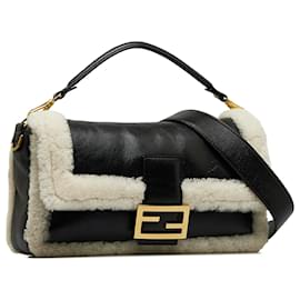 Fendi-Fendi Black Large Shearling Baguette-Black