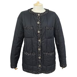 NEW CHANEL DOWN COAT T 42 L CC BUTTONS TWEED BANDS JACKET COAT Black