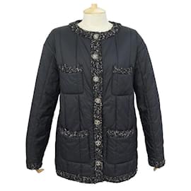 Chanel-NEW CHANEL DOWN COAT T 42 L CC BUTTONS TWEED BANDS JACKET COAT-Black