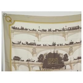 Hermès-HERMES SCARF LES PONTS DE PARIS SQUARE 90 IN SILK BEIGE SILK SCARF-Beige