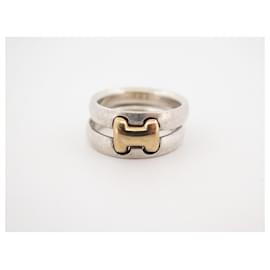 Hermès-VINTAGE HERMES OLYMPUS lined RING 54 Solid silver 925 & yellow gold 18K RING-Silvery