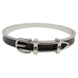 Hermès-Hermes belt bracelet 21 SILVER METAL & BLACK LEATHER GOLDEN BELT STRAP BANGLE-Silvery