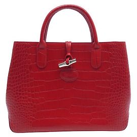 NEUF SAC A MAIN LONGCHAMP ROSEAU MEDIUM CUIR FACON CROCO CABAS HANDBAG Rouge