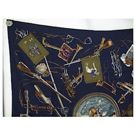 Hermès-FOULARD HERMES CAVALERIE FRANCAISE LEDOUX CARRE 90 EN SOIE BLEU SILK SCARF-Bleu Marine