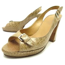 Hermès-Hermes shoes 39.5 CAMEL CROCODILE LEATHER SANDALS BOX BUCKLE SHOES-Camel