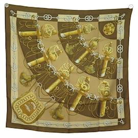 Hermès-HERMES RATCHET JULIA ABADIE CARRE SCARF 90 SILK BROWN SILK SCARF BOX-Brown