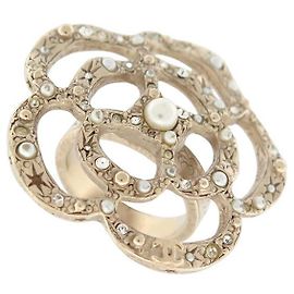 CHANEL CAMELIA PÉROLA E STRASS ANEL DE METAL OURO 52 ANEL DE AÇO DOURADO Dourado