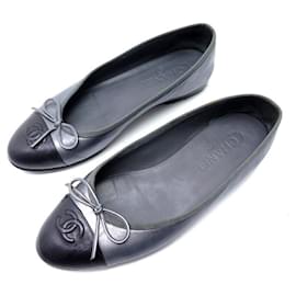 Chanel-CHANEL LOGO CC G BALLERINAS SHOES02819 38 GRAY LEATHER GRAY LEATHER SHOES-Grey
