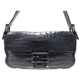 Fendi-BOLSO DE MANO FENDI BAGUETTE DE COCODRILO CON CIERRE DE STRASS 8BR000 BOLSO DE MANO NEGRO-Negro