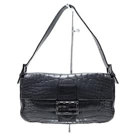 Fendi-BOLSA FENDI BAGUETTE CROCODILO COM FECHO STRASS 8BR000 BOLSA DE MÃO PRETA-Preto