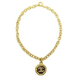 Chanel-COLAR VINTAGE CHANEL CC LOGO PINGENTE DE CORRENTE LARGA EM COLAR DE METAL OURO-Dourado