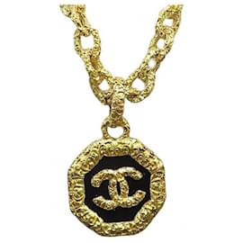 Chanel-VINTAGE CHANEL NECKLACE CC LOGO PENDANT WIDE CHAIN IN GOLD METAL NECKLACE-Golden