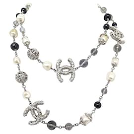 Chanel-CHANEL NECKLACE CC LOGO PEARL NECKLACE 2013 IN SILVER METAL PEARL NECKLACE-Silvery