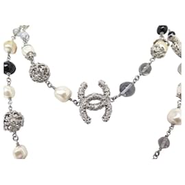 Chanel-CHANEL NECKLACE CC LOGO PEARL NECKLACE 2013 IN SILVER METAL PEARL NECKLACE-Silvery