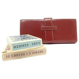 Hermès-VINTAGE ETUI HERMES 1970 EN CUIR BOX COFFRET AVEC 2 JEUX DE 52 CARTES CASE CARDS-Rouge