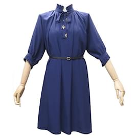 Louis Vuitton-NEW LOUIS VUITTON BELTED DRESS W PUFFY SLEEVES DRESS 1a63GS M 38 Belt-Blue